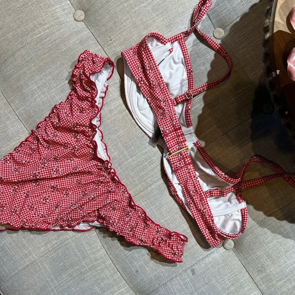 PINK By Frankies Bikinis Red Checkered Bikini Floral Bikini Top + Bottom Set
